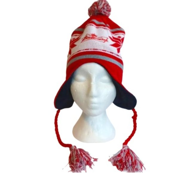Budweiser Snowflake Pattern Earflap & Tassel Toque Style Hat NEW - Picture 1 of 7